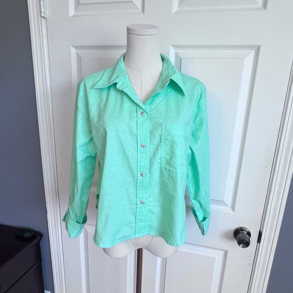 Universal Thread Tops - Universal Thread Lime Green Linen Blend Cropped‎ Button Down Shirt Womens Medium